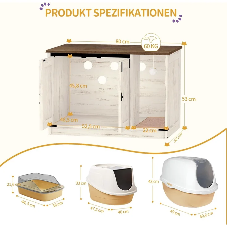 Katzenschrank, Katzentoilette, Katzenklo Schrank, Versteckte Katzentoilette Kabinett Möbel mit Katzenglocke, Indoor-Katzenhaus, 80 x 50 x 53 cm, für Flur, Schlafzimmer, Vintagebraun-Weiß – Bild 8