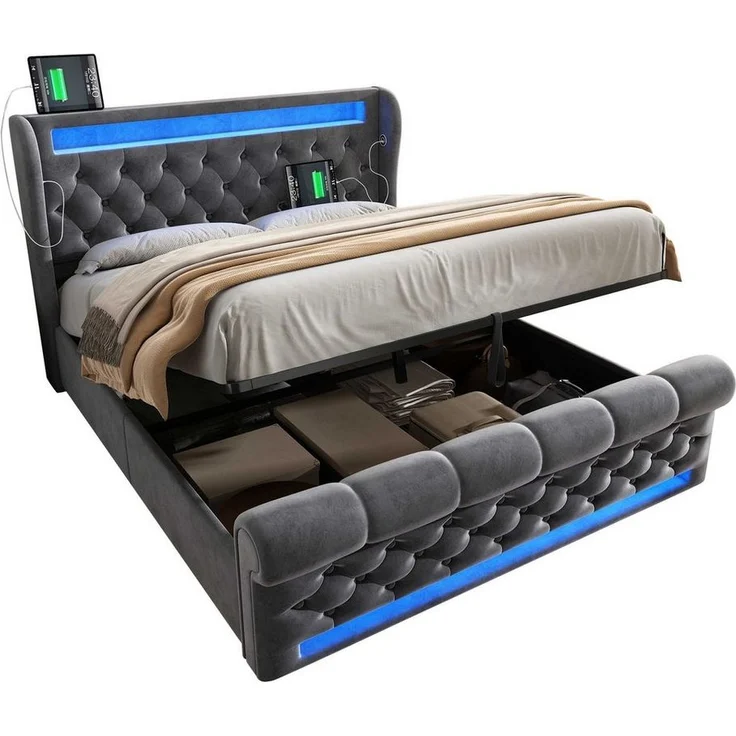 BlingBin Polsterbett Stauraumbett (1-tlg, Funktionsbett mit Lade- und Lichtfunktion für gemütliche Schlafzimmer), mit LED-Beleuchtung, USB- & Type-C-Ladestation und stilvollem Samt – Bild 1