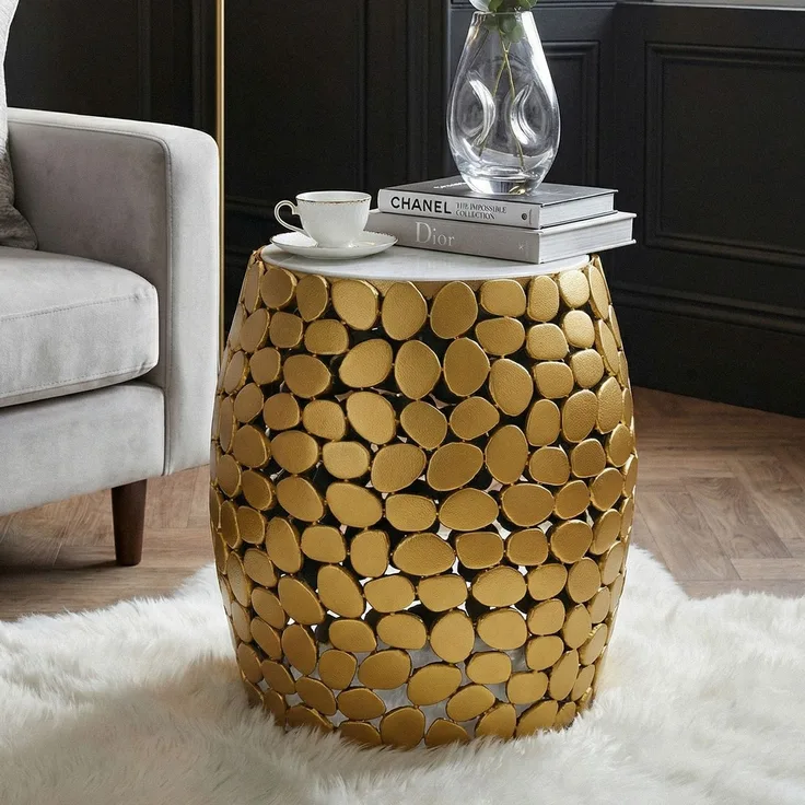 FineBuy Design Beistelltisch rund 40cm aus Aluminium & weißer Marmor Tischplatte – Couchtisch Alu – Metall Wohnzimmertisch Dekotisch Handmade