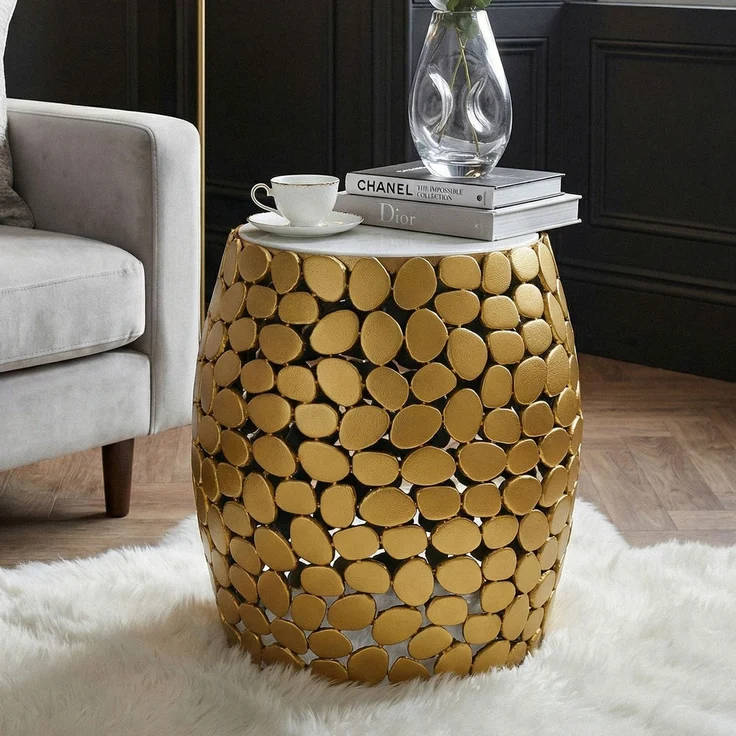 FineBuy Design Beistelltisch rund 40cm aus Aluminium & weißer Marmor Tischplatte – Couchtisch Alu – Metall Wohnzimmertisch Dekotisch Handmade – Bild 1