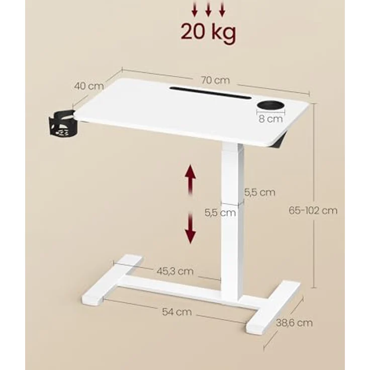 VASAGLE Beistelltisch mit Rollen, mobiler Stehtisch, 70 x 40 cm große Tischplatte, verstellbare Höhe, 2 Getränkehalter, Schlitz für Handy oder Tablet, wolkenweiß – Bild 4