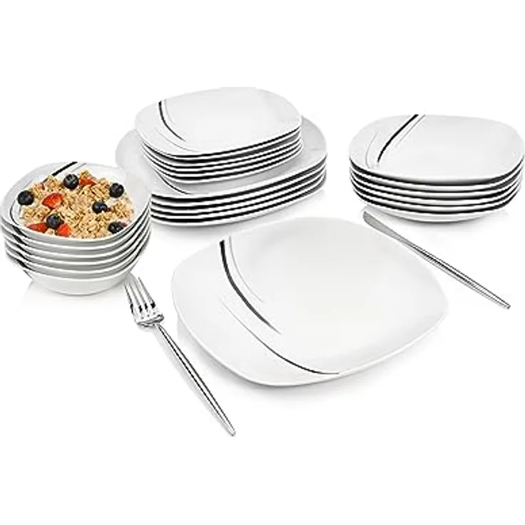 Sänger Bilgola Black Lines Kombiservice, Weiß, Porzellan, 25x4.5x25 cm, 24-teilig, Geschirr Set für Speisen und Getränke