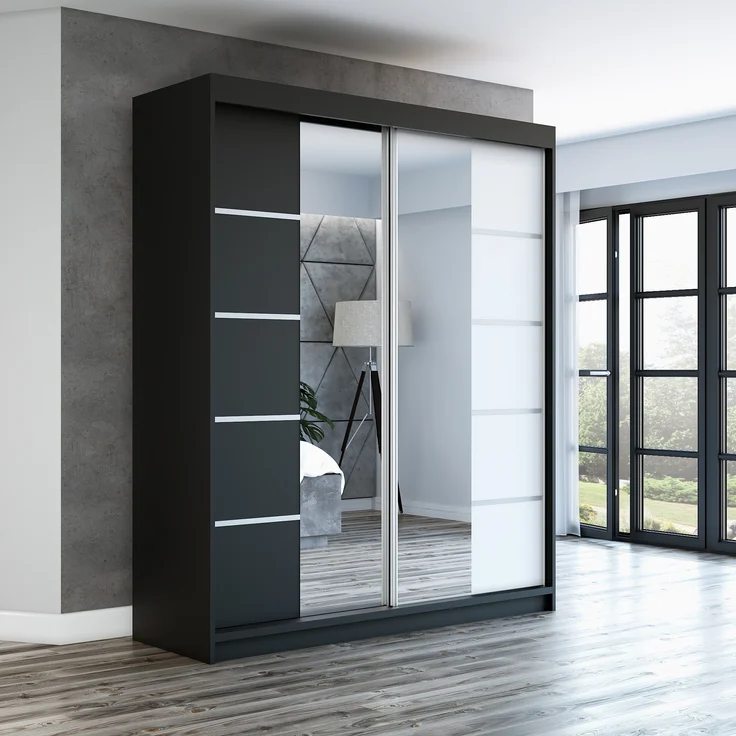 Schwebetürenschrank ERA 2-türig Schrank 160 cm (mit Spiegel) Farbe: Schwarz , weiß – Bild 2