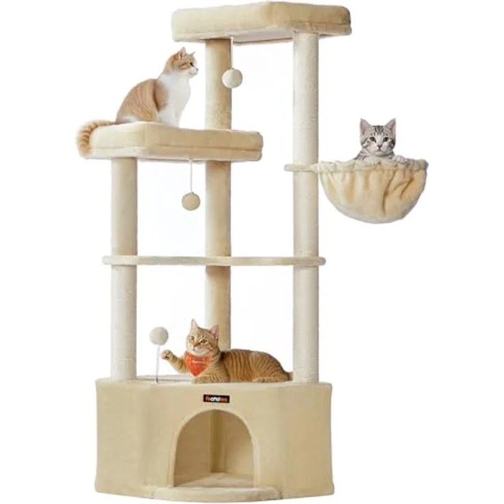Feandrea Kratzbaum, Katzenbaum, 48,5 x 48,5 x 140,7 cm, Katzenkratzbaum mit großer Kuschelhöhle, großen Plattformen, Plüschbällen, Liegemulde, sandbeige – Bild 2