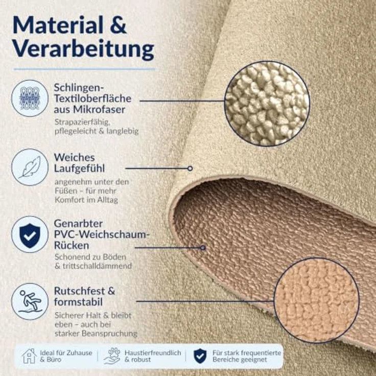 ANRO Badematte AquaComfort Mikrofaser Schlingen-Badläufer, 60x100 cm, beige, rutschhemmend, schnelltrocknend, zuschneidbar, Fußbodenheizung geeignet – Bild 6
