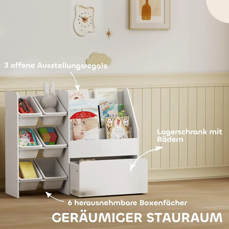 AIYAPLAY Spielzeugtruhe mit 6 herausnehmbaren Aufbewahrungsboxen, Bücherablage, rollbarer Box (Kinderregal, 1 St, Kinder-Bücherregal), mit Rädern, für Kinderzimmer, Spielzimmer, 100x30x80 cm, Weiß – Bild 4
