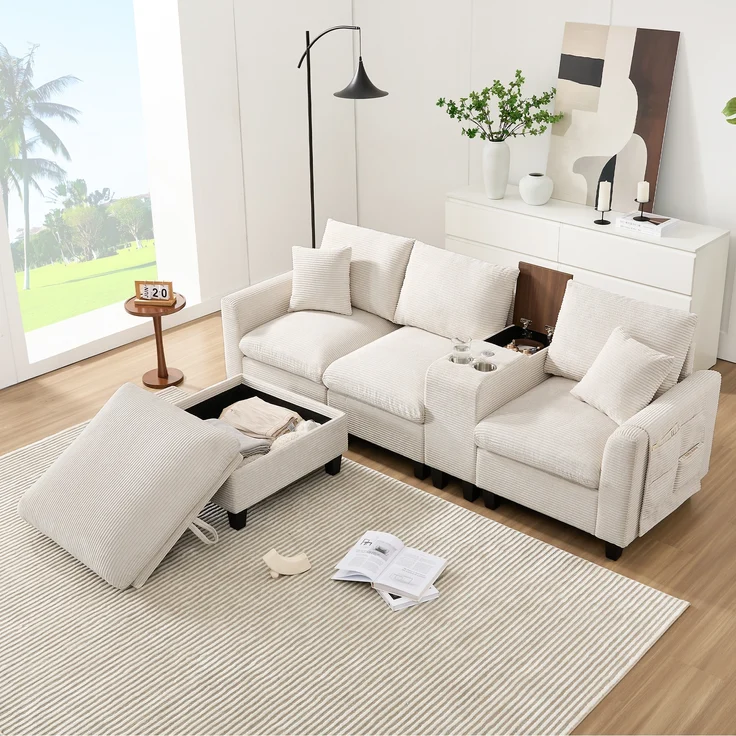 Ecksofa L-Form, umwandelbares Sofa mit Konsole Becherhaltern USB Ladeanschlüssen Armlehnen-Aufbewahrungstasche und Kissen für kleine Räume, Cordstoff, , – Bild 7