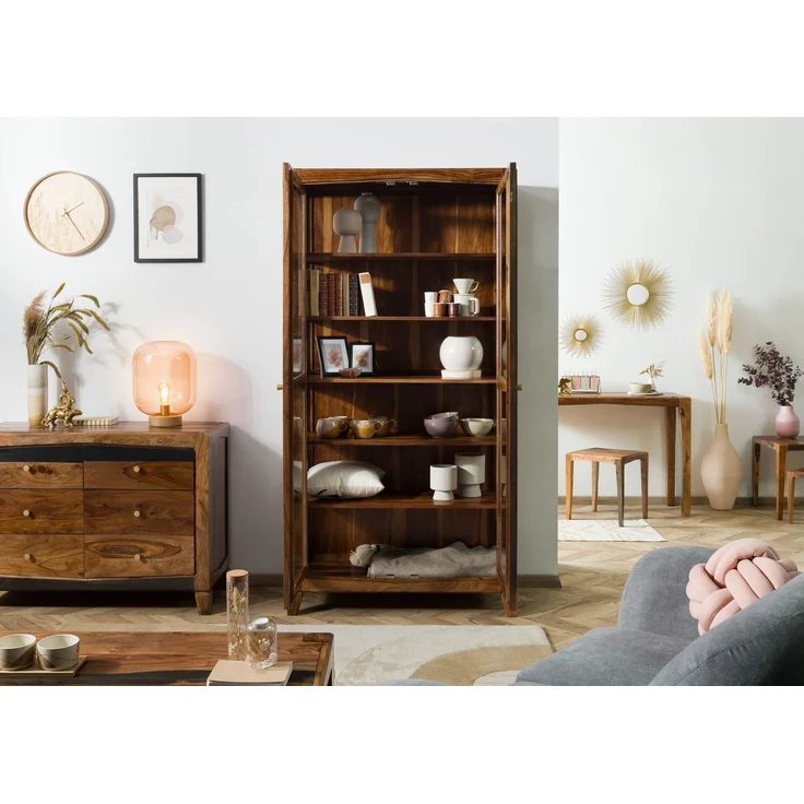 Vitrine Sheesham 100 x 45 x 195 dunkelbraun lackiert ANCONA #236 – Bild 3