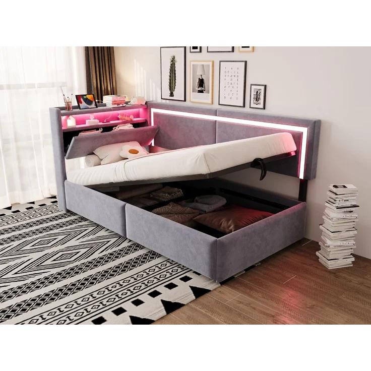 Schlafsofa, Samt mit LED & USB-Anschluss, Stauraum, 90x200 cm, Hellgrau, ohne Matratze – Bild 4