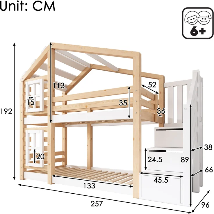 Kinder-Etagenbett Massivholz, Baumhaus-Design mit Schubladentreppe, 90x200 cm, Natur & Weiß, ohne Matratze – Bild 10