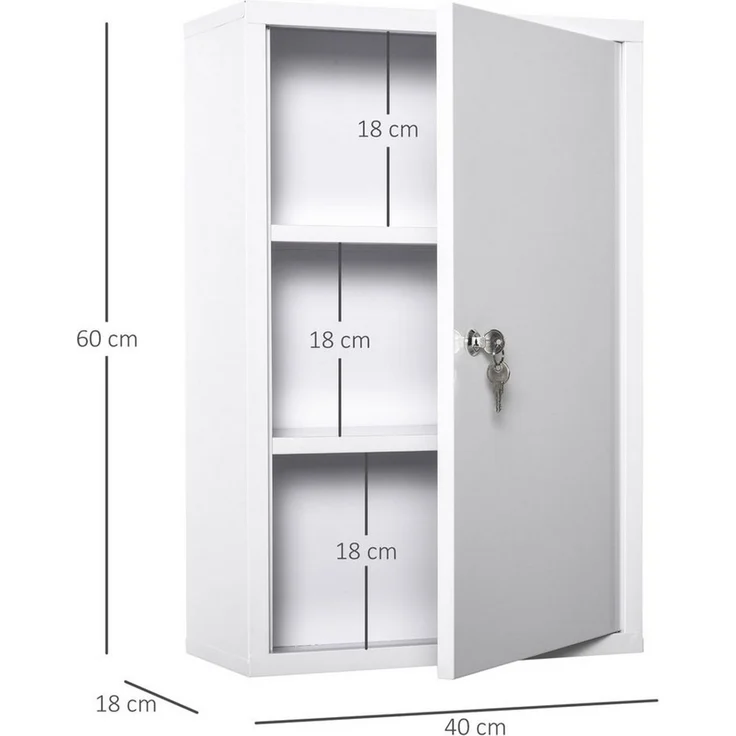 Kleankin Medizinschrank Erste-Hilfe-Schrank mit Schloss 3 Fächer (Medikamenteschrank, 1-St, Arzneischrank) Stahl Weiß 40 x 18 x 60 cm – Bild 3