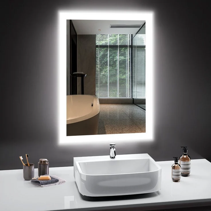 PESENXAN Badspiegel mit LED Beleuchtung, rechteckig, Antibeschlag, 2 Lichtfarben (3000K / 6500K), silber, Wandmontage