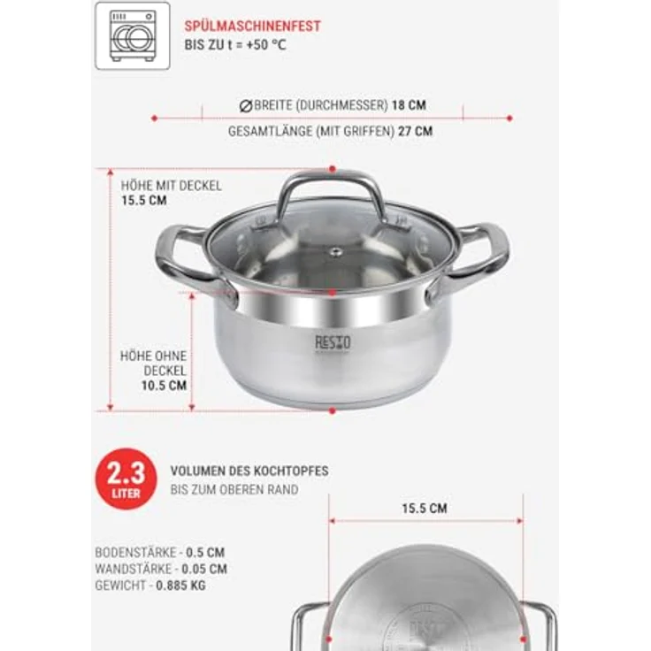 RESTO Kitchenware Kochtopf Libra, Topf energiesparend und spülmaschinenfest, Edelstahl 18/10 (2-tlg), mit hitzebeständigem Glasdeckel und Griffen – Bild 4