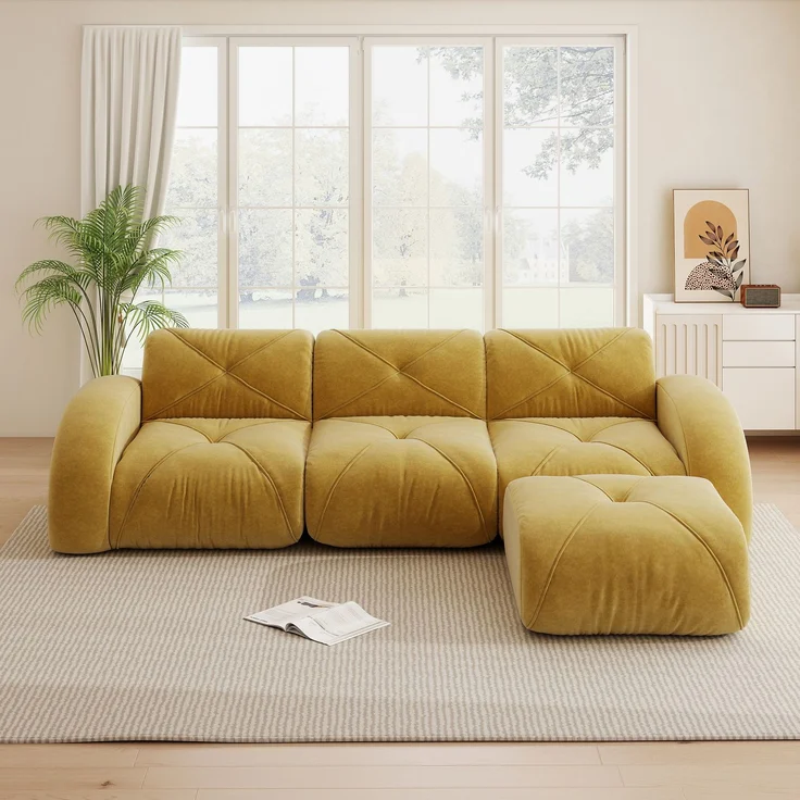 EINHOM L-förmiger Sessel, modulares Sofa, Dreisitzer-Kombinationssofa geeignet für das Wohnzimmer, rutschfeste Unterseite, keine Montage erforderlich, modulares Sofa mit Fußstütze, Gelb – Bild 4