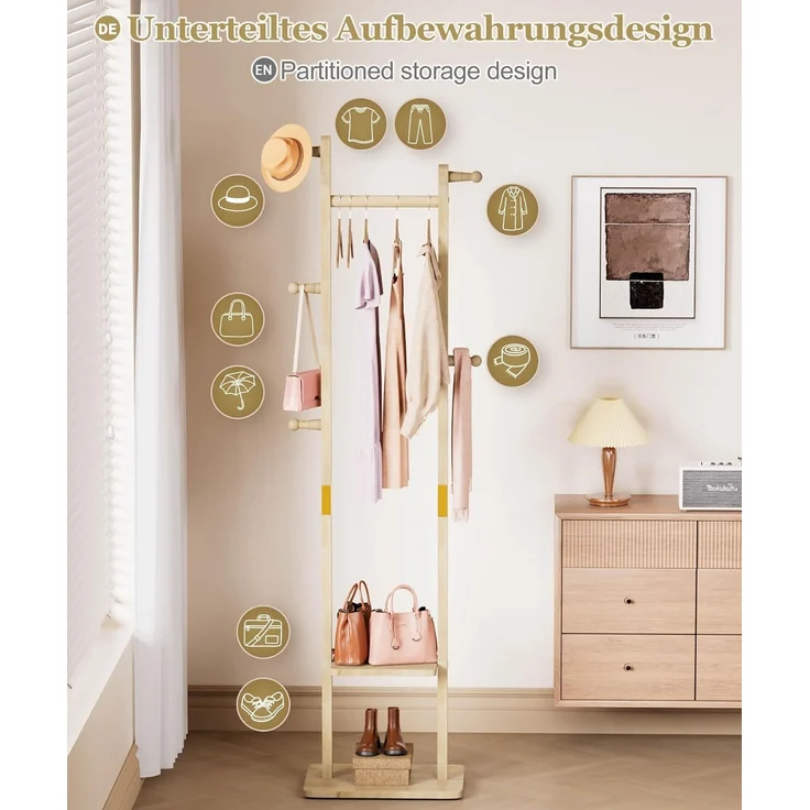 Yorbay Kleiderständer Garderobenständer aus Massivholz mit Ablagebrettern & Haken, Offener Kleiderschrank für Flur, Schlafzimmer – Bild 4