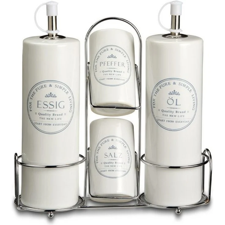 KHG Vorratsdose Menage Set 5-teilig aus Holz & Steinzeug für Essig Öl Salz Pfeffer, Steingut, Gewürz- und Öl/Essig-Set zur stilvollen Tisch- und Küchenpräsentation – Bild 4