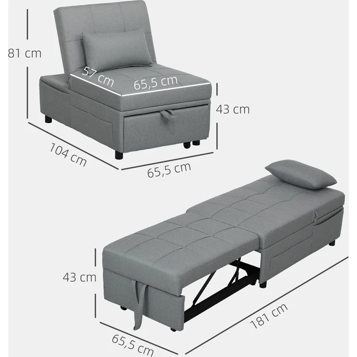 3-in-1 Klappsessel mit Seitentasche, Gästebett mit Kissen, verstellbarer Rückenlehne, Bettsessel mit Rollen, Hellgrau--Hellgrau--104x65.5x81cm--YOUDENOVA – Bild 5