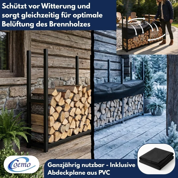 Coemo Brennholz Regal Hans Kaminholzregal mit Abdeckplane Metall 3 Segmente 25 x 335 x 115 cm – Bild 7