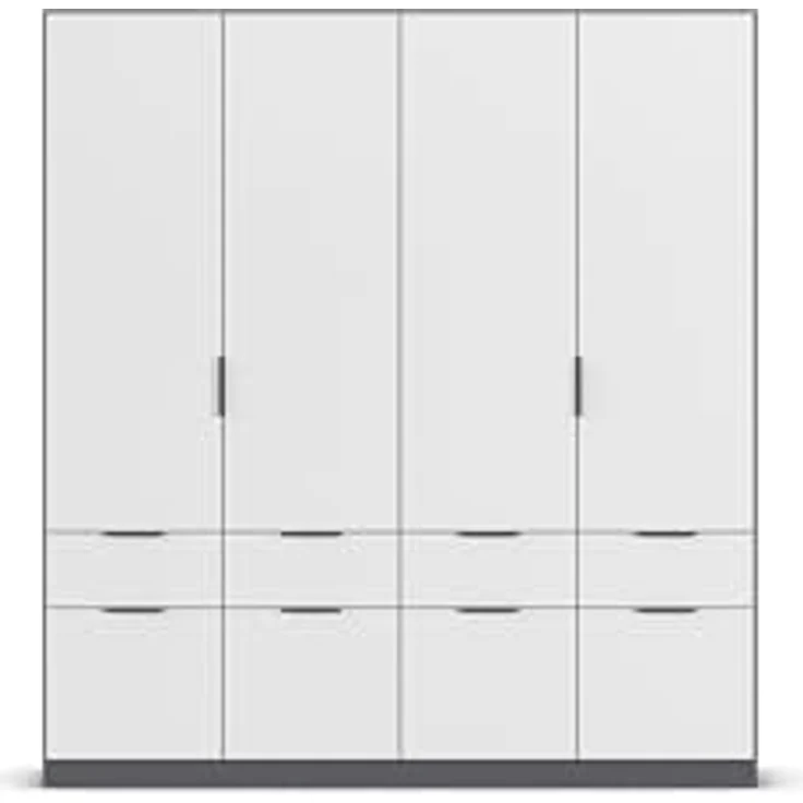 Rauch Möbel Dundee, Kleiderschrank, Schrank, Garderobe, Organizer, 4-türig, 8 Schubladen, Farbe Weiß/Grau metallic, Schwarz, Kurze Griffleiste Grau metallic, 181 x 197 x 54 cm – Bild 10