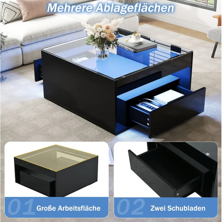 Couchtisch aus MDF und Sicherheitsglas mit LED, 70 x 70 x 35 cm, Schwarz – Bild 8