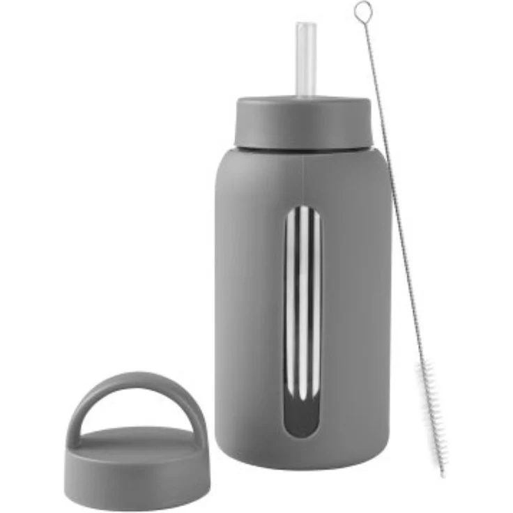 Trinkflasche aus Borosilikatglas 650 ml mit Strohhalm & Bürste - Grau