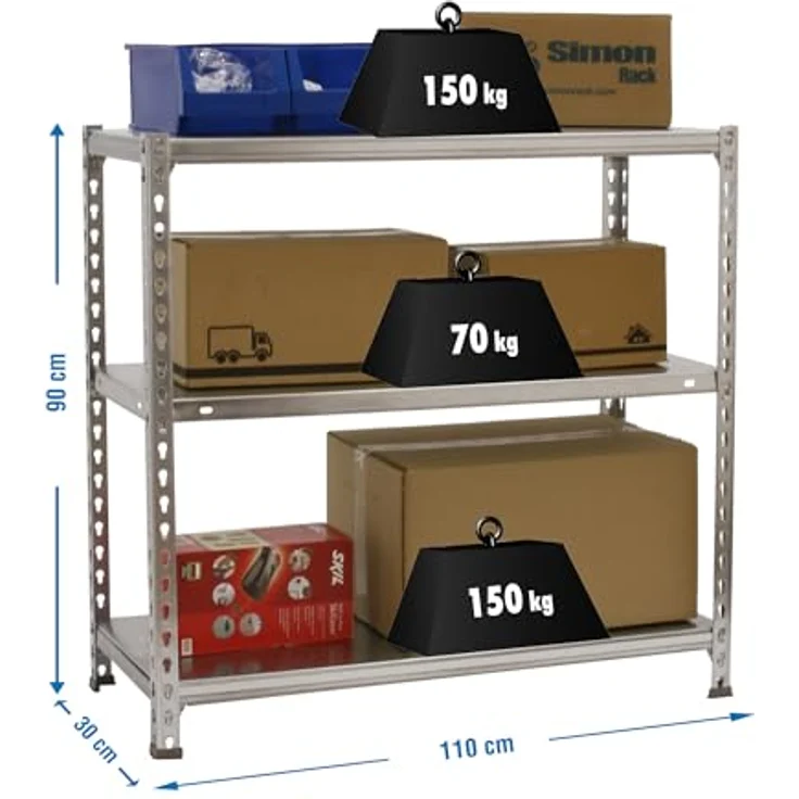 Simon Rack Schwerlastregal, 900 x 1100 x 300 mm, Bis 60 kg Belastbar, 3 Verstellbare Ablagen, Kellerregal, Lagerregal, Verzinkt - Ecoclick – Bild 3