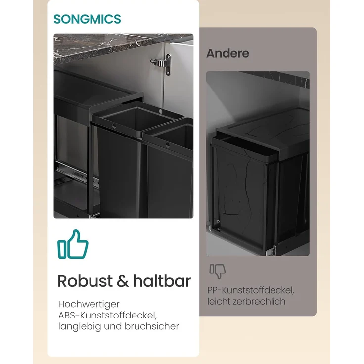 SONGMICS Mülleimer küche, Mülltrennsystem für Unterschrank, 2 x 15 L, Abfalleimer 2 Fächer, ausziehbar, Stahlrahmen, ABS-Deckel, tintenschwarz – Bild 5