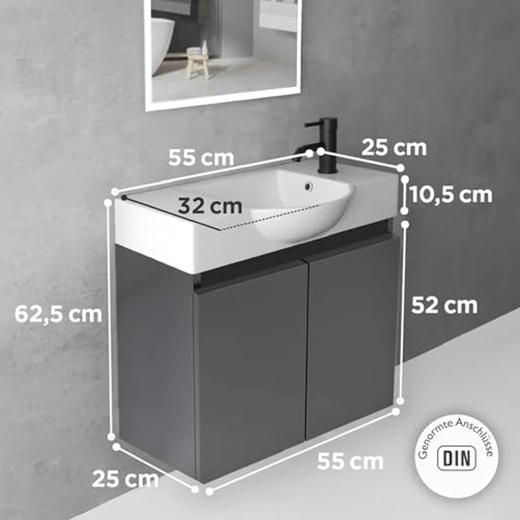 Alpenberger Badmöbel-Set Gäste WC Waschbecken mit Unterschrank 55 cm Breit, (Waschbecken Eckig Oval, Midi Schrank), Waschbeckenunterschrank Anthrazit Matt – Bild 3