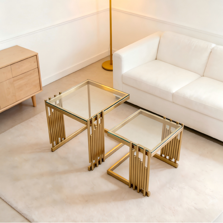 Beistelltisch-Set 41 x 41 x 46 cm in Gold und Klar mit Glasplatte und Edelstahlgestell – Bild 2