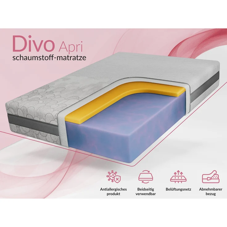 Schaummatratze mit abnehmbarer Abdeckung, Höhe 22 cm, Kaltschaum Matratze H2, Antiallergischer Bezug, Visco Schaum - 180 x 200 cm - DIVO - APRI – Bild 2