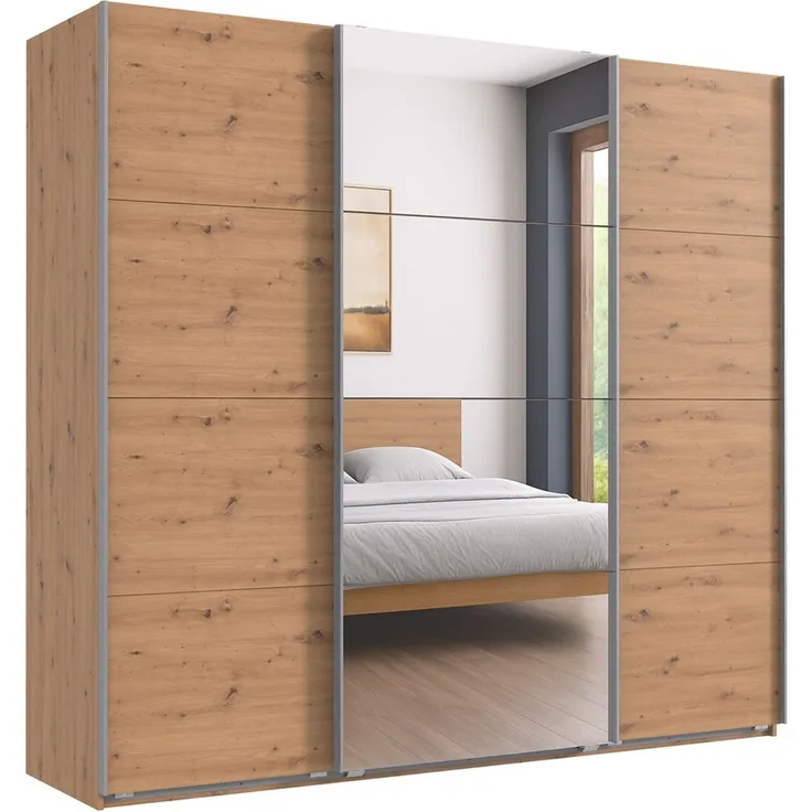 Schwebetürenschrank Kleiderschrank B225 cm H208 cm 3-türig Eiche Artisan Dekor, 1x Spiegeltür