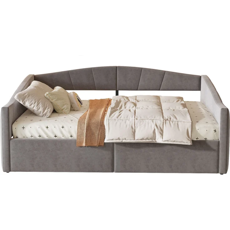 Polsterbett Sofabett 140*200 cm, Mit hydraulischer Lagerung, Mit Lattenrost und Armlehnen, Klassische Streifen, Vielseitiges Doppel, Hautfreundlicher Samtstoff, Grau – Bild 6