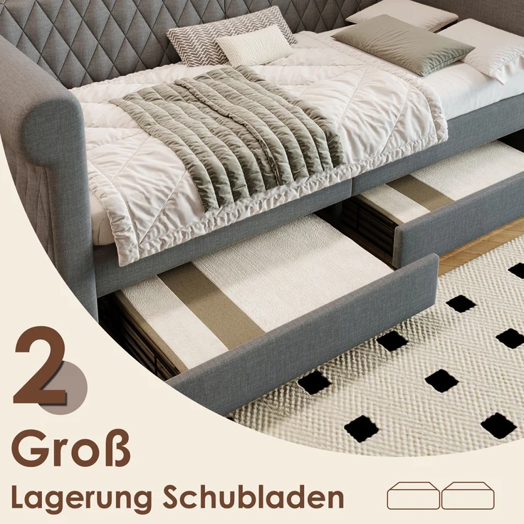 Polsterbett 90x200 cm mit 2 Schubladen – elegantes Schlafsofa in Grau, ohne Matratze – Bild 7