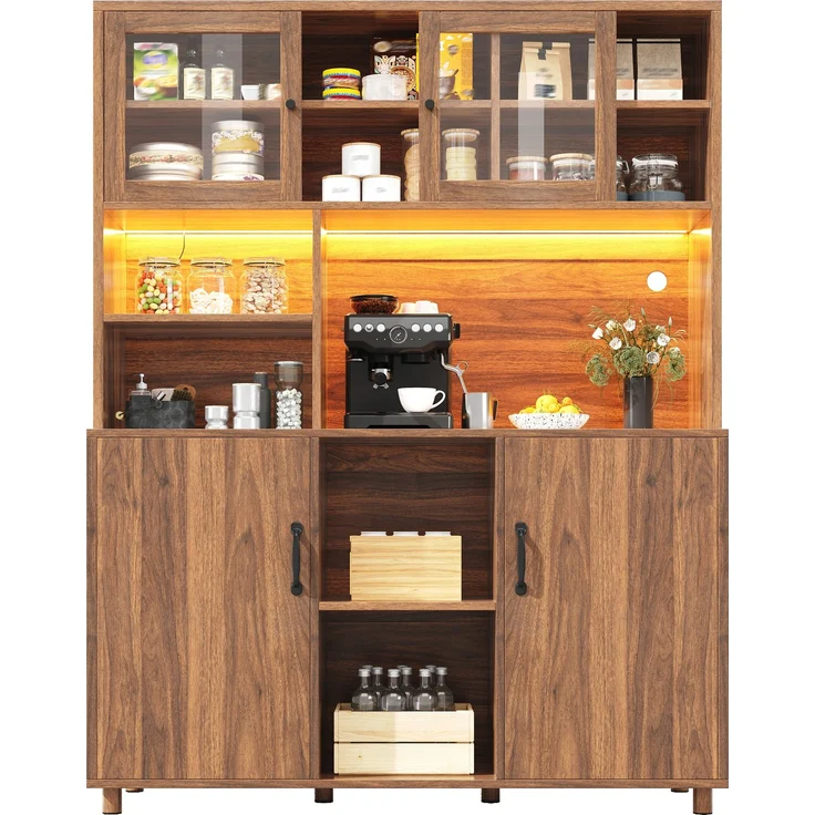 Hochschränke fürs Wohnzimmer(140×40×185cm), Küchenschrank,Esszimmerschrank,Schränke mit LED-Beleuchtung, Schranktür mit Snackablage,Retro-Stil, Walnussfarbe--Walnussbraun--140x40x185cm--YOUDENOVA – Bild 8