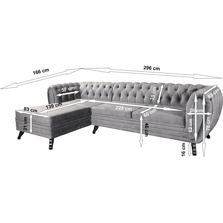 Edles Chesterfield Ecksofa Velours grau Couch Polstersofa Wohnlandschaft Sofa – Bild 5