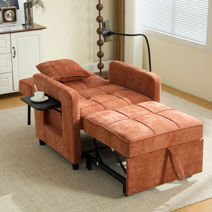 LVHOM Multifunktionaler Schlafsessel mit klappbarer Ablage, Ausziehbares 1-Sitzer Schlafsofa mit Handyhalter und Seitentaschen, Loungesessel, Orange – Bild 10