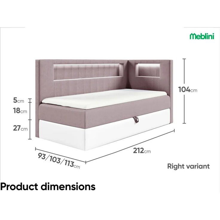MEBLINI Kinderbett mit Bettkasten GARETH 3 90x200 Rechts – H3/Lila Samt Gepolstert Einzelbett mit Matratze - Polsterbett mit Stauraum - Bett mit Kopfteil – Stauraumbett – Bild 6