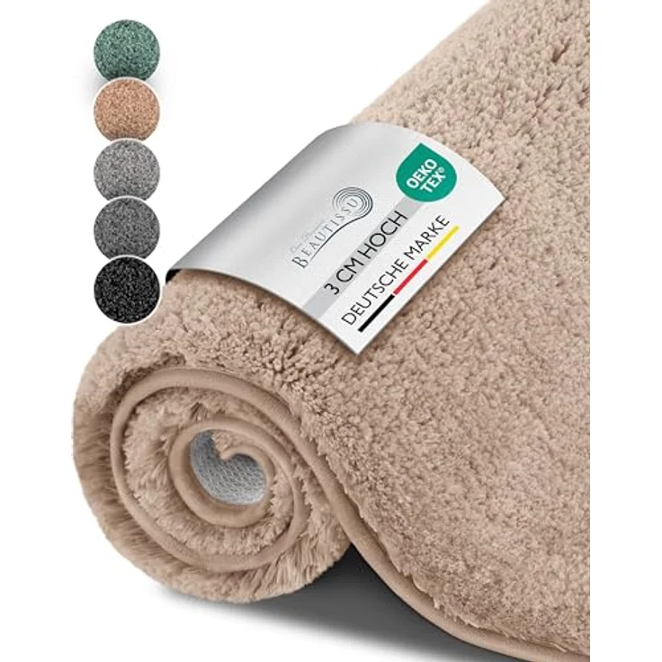 Beautissu Badematte BeauMare FL, rutschfester Hochflor Badteppich in Natur, 60x50 cm, 30 mm Höhe, waschbar, Shaggy Optik – Bild 1