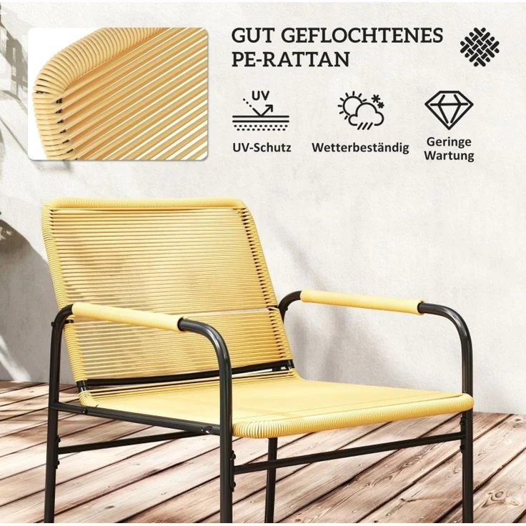 Esstisch-Set 3-tlg. aus Rattan in Gelb: 2 Stühle und Tisch, 54x66x76 cm, 50 cm, Stahl – Bild 6