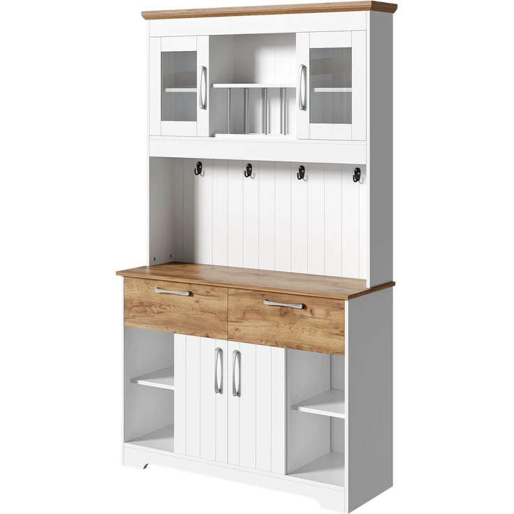 Merax 176.5cm Küchenbuffet Schrank mit Stauraum, Küchenschrank mit Vitrinenfächern, 2 Schubladen, Türen und Hakenleiste – Buffetschrank, Weiß + Holzfarbe – Bild 6
