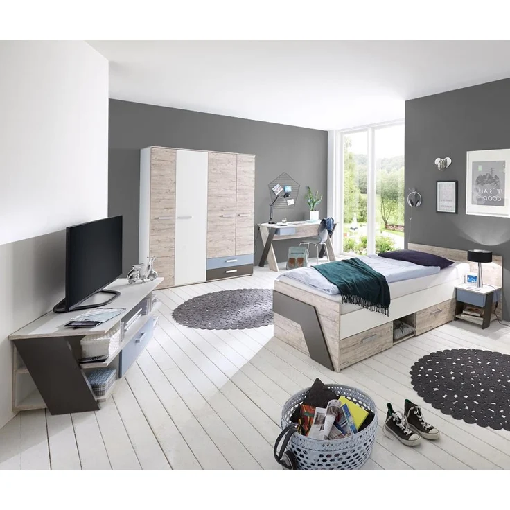 Jugendzimmer Set 5-teilig mit Kleiderschrank LEEDS-10 in Sandeiche Nb. mit weiß, Lava und Denim Blau – Bild 1