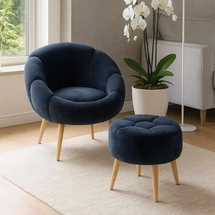 Hanah Home Elegantes Ohrensessel- und Pouf-Set (2-teilig), Anthrazit, 100% Wellssoft-Gewebe, Beine aus 100% Esche | Perfekt für Moderne Wohnräume