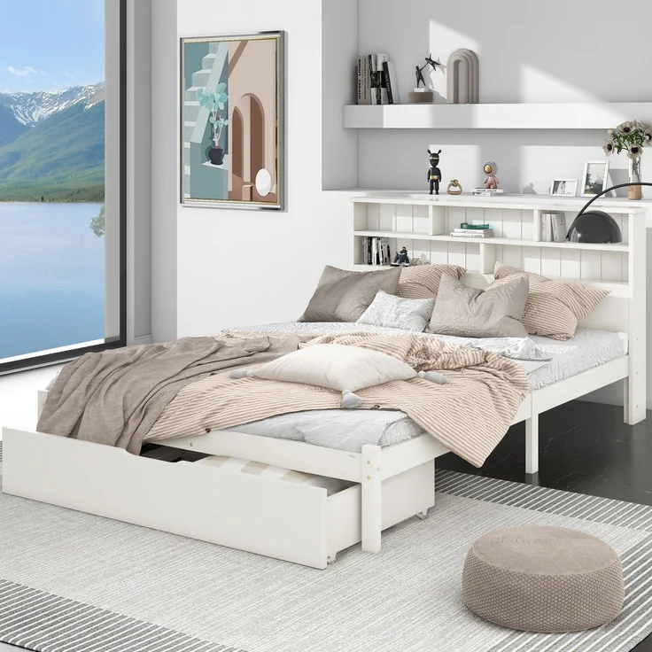 Massivholz-Bett mit Bücherregalkopfteil & Rollschubladen, 140x200 cm, Weiß, ohne Matratze – Bild 4