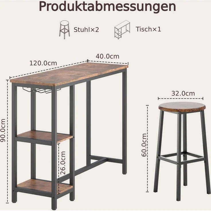Blishom Bartisch Essgruppe mit 2 Barhockern, Küchentisch für Küche & Esszimmer, Das Weinregal ist zerlegbar, 120 x 40 x 90 cm – Bild 2