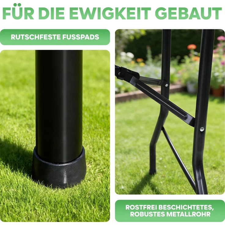 Eiryss Klappbarer Gartentisch 180x74cm, Outdoor Campingtisch für 8 Personen, schwarz mit Holzoptik-Kunststoffplatte, Metallrahmen, belastbar 150kg, 3 Sicherheitsverschlüsse, Buffetstisch für Garten, Balkon – Bild 7