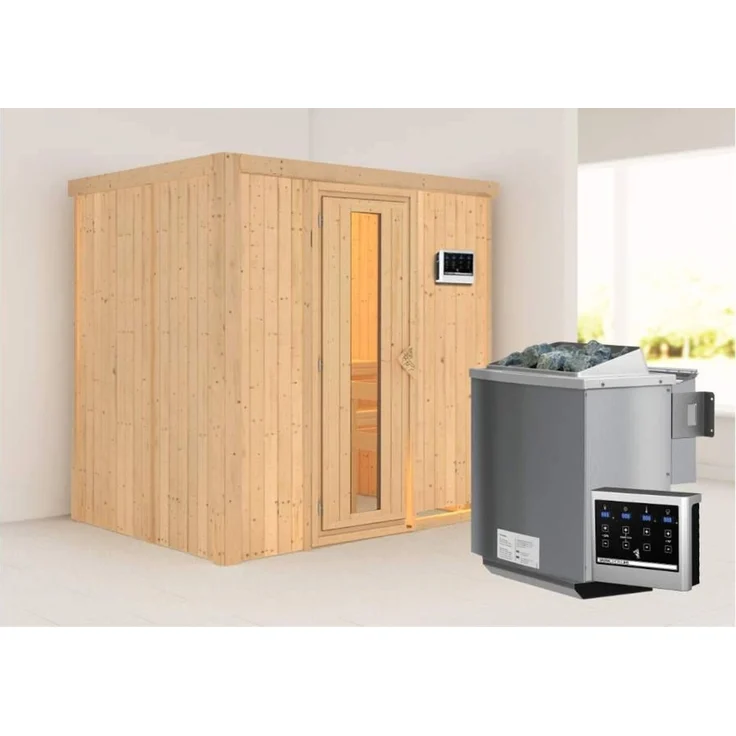 Karibu Sauna Bodin + 9kW BIO-Kombiofen mit ext. Steuerung Easy Graphit-Ganzglastür – Bild 1
