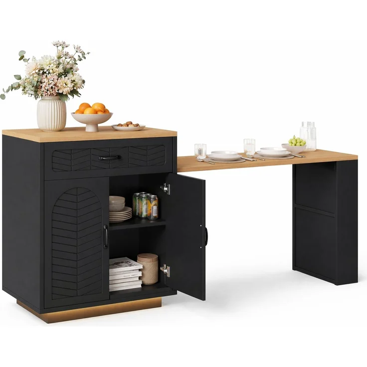 Kücheninsel 80x70x95,5 cm in Schwarz mit Ausziehtisch, Stauraum und Weinregal – Bild 6