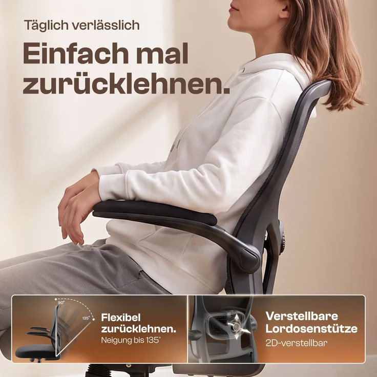 LUTIVO Delta, ergonomischer Bürostuhl ohne Kopfstütze, atmungsaktiver Mesh Stoff, Schreibtischstuhl schwarz – Bild 2