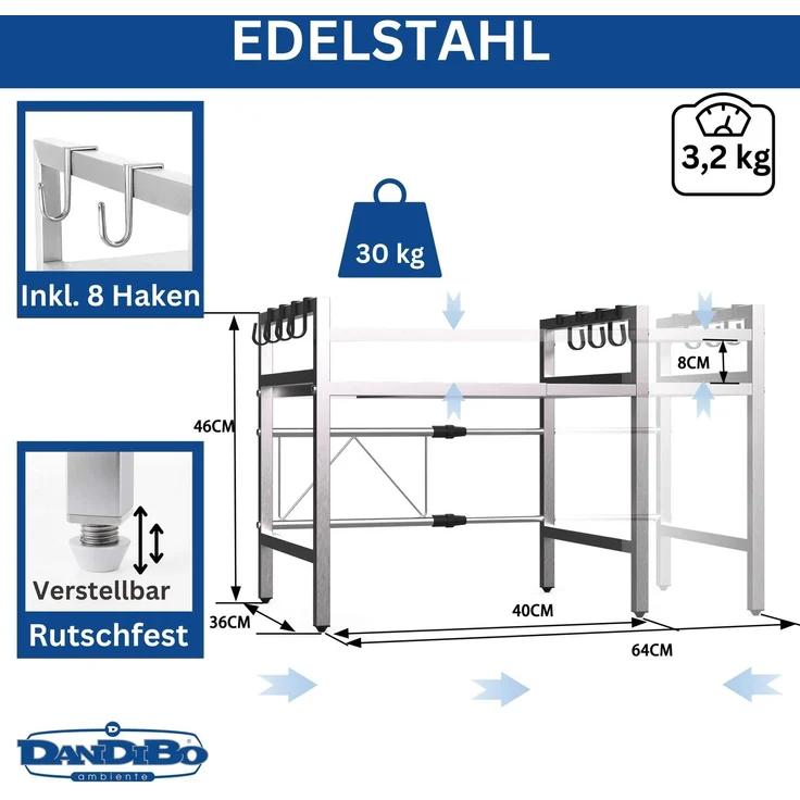 DanDiBo Verstellbares Küchenregal Edelstahl für Arbeitsplatte Stehend 2 Stufig 40-64 cm Regal Küche 96685 Standregal – Bild 2