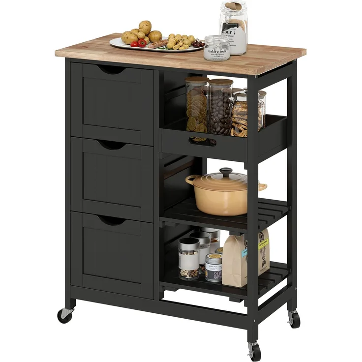 Wohnora-Küchenwagen mit Rollen, Holzarbeitsplatte, 3 Schubladen und 1 herausnehmbarem Tablett, 67 x 37 x 85,5 cm, schwarz,H 855cm x T 670cm x B 370cm